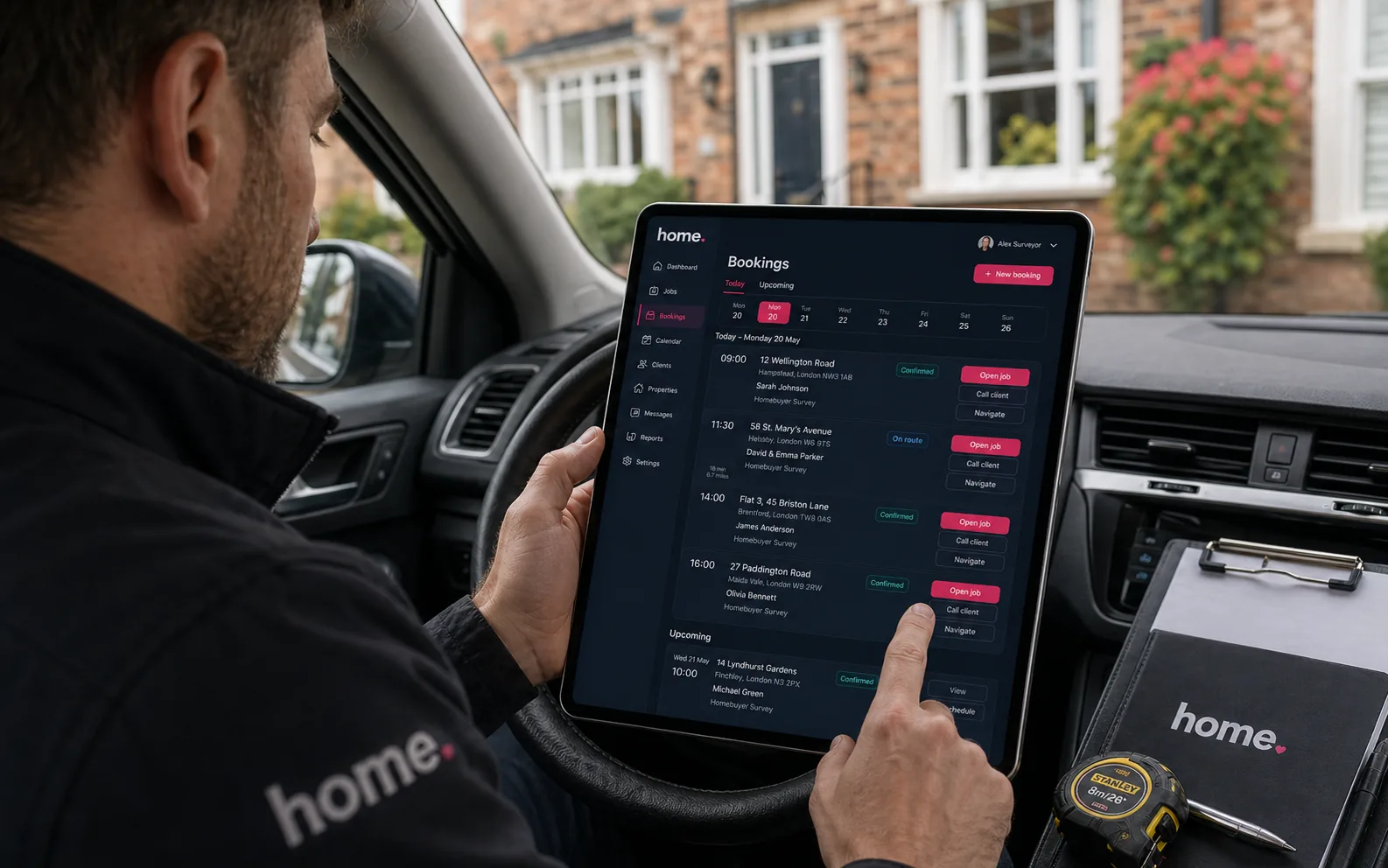 Direct bookings management dashboard — incoming bookings from home.co.uk consumers landing in the surveyor's inbox