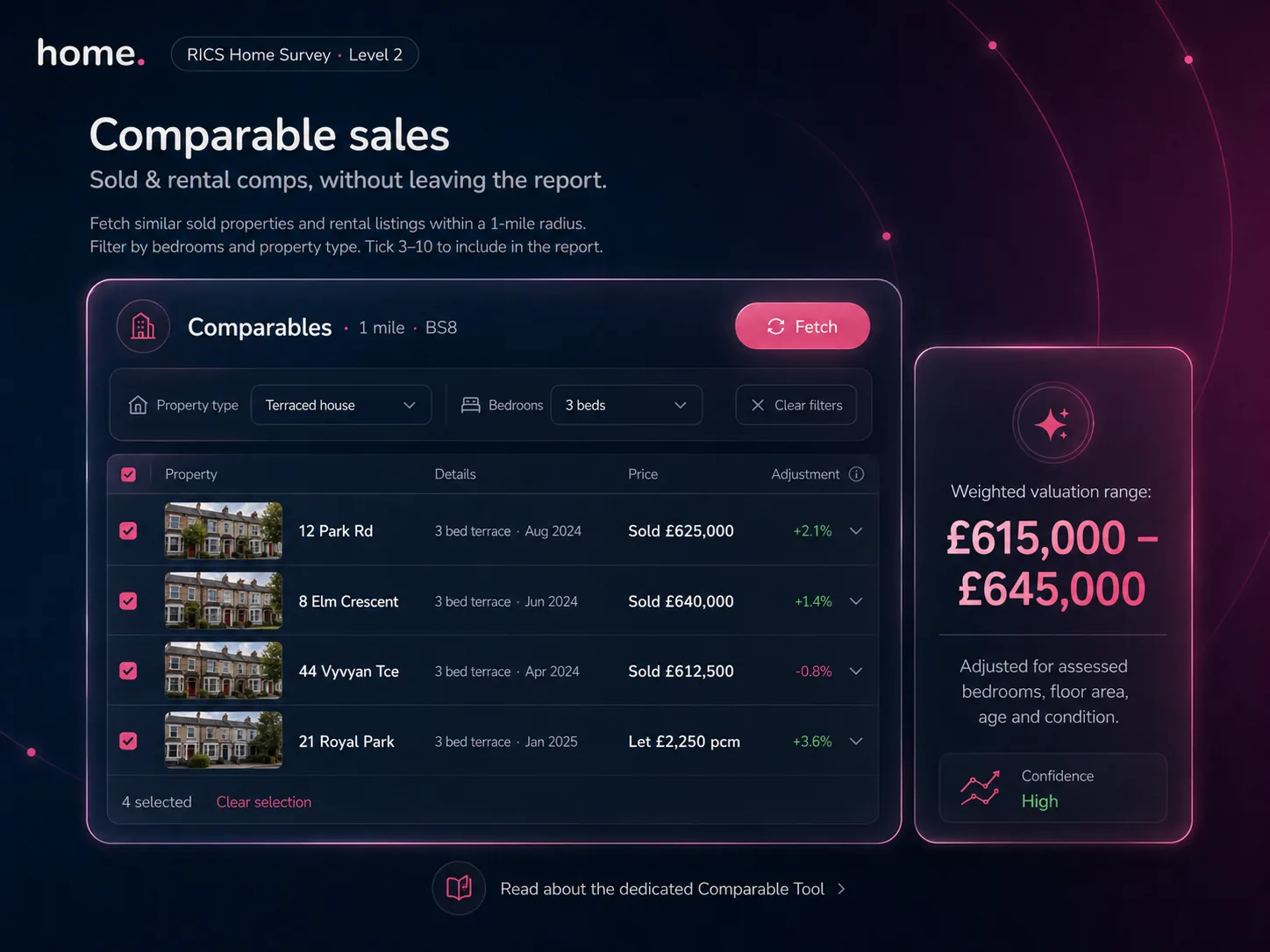 Surveyor Comparable Tool — sold and rental comps with weighted valuation range