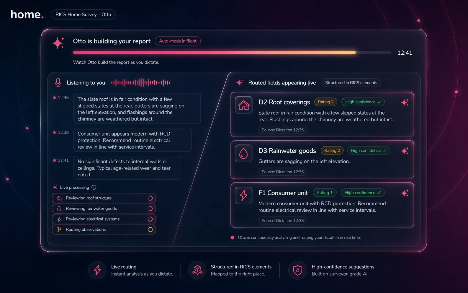 Otto auto-mode editor — routed observations across RICS sections D-G