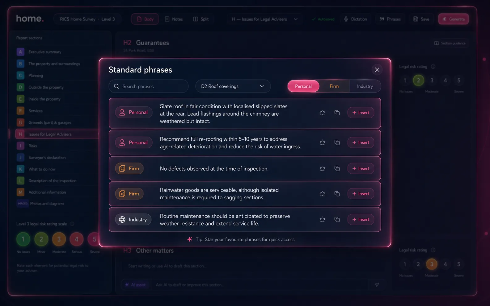 Standard phrases library — personal, firm and industry preset tiers