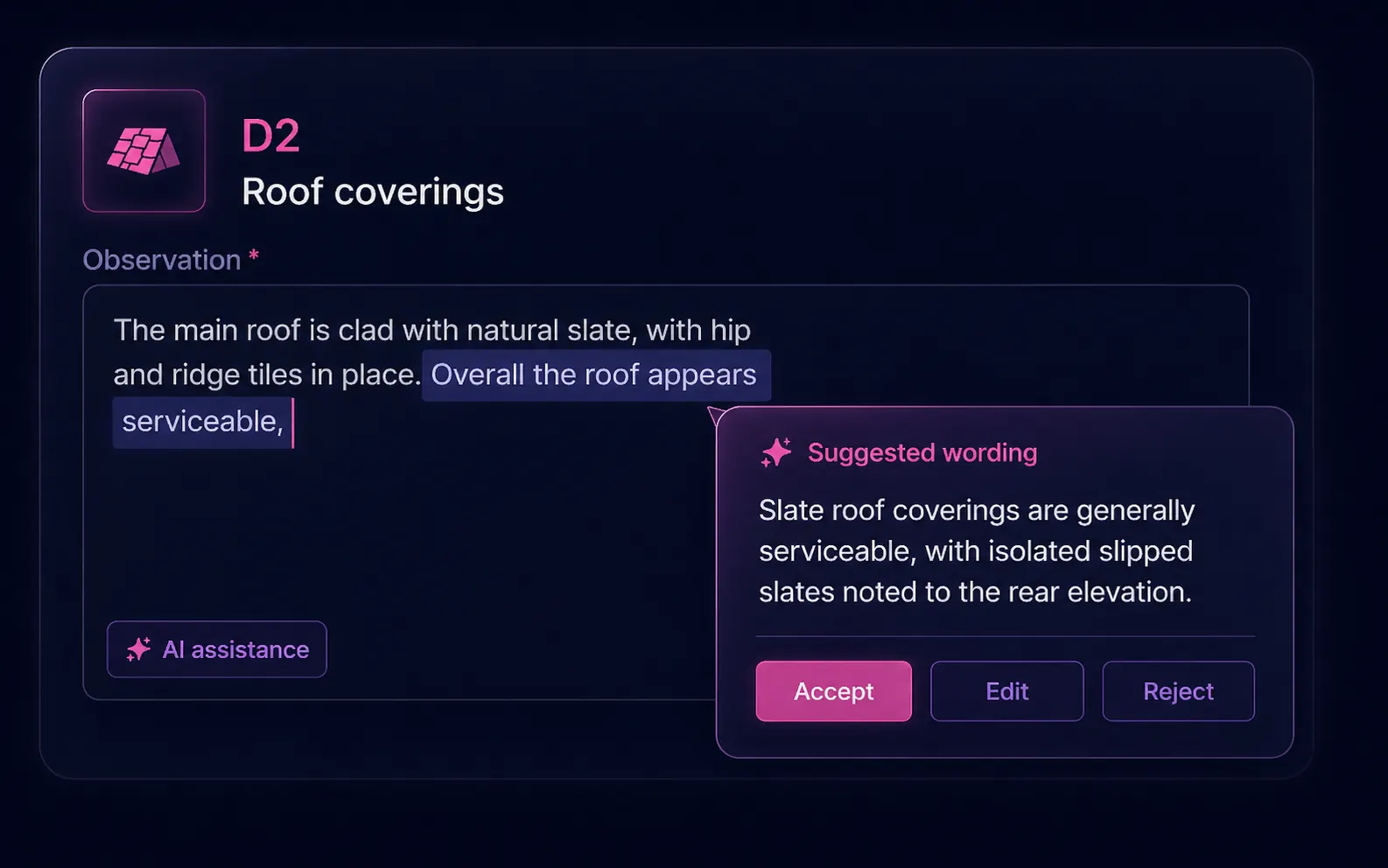 Inline AI suggestion popover beside a D2 Roof coverings field — selected text highlighted, popover offering polished alternative wording with Accept, Edit, Reject