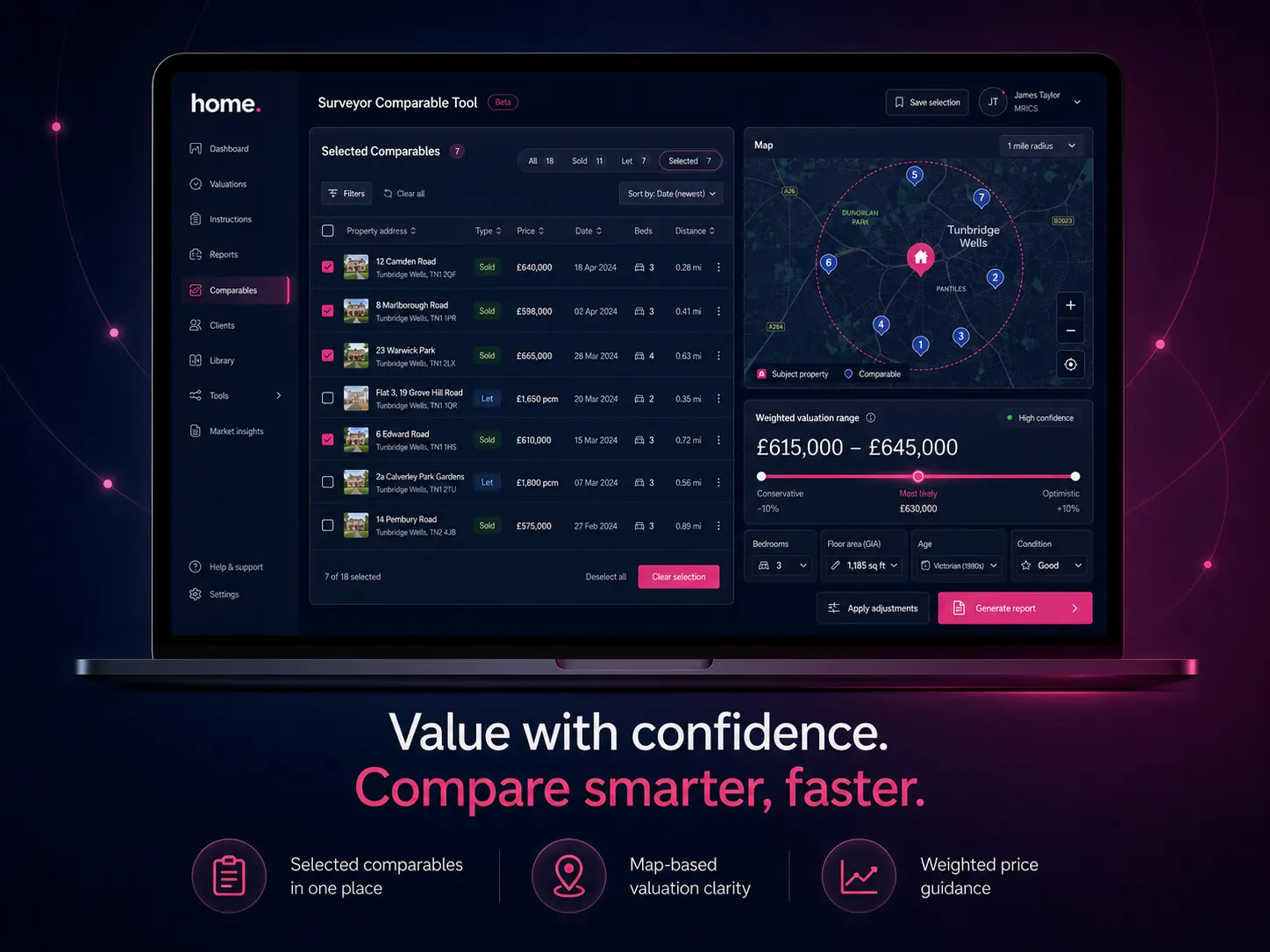 Surveyor Comparable Tool on a laptop — selected comparables list with sold and rental properties, map of 1-mile radius around the subject, weighted price guidance £615,000–£645,000