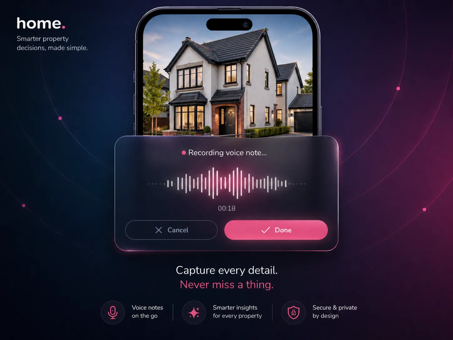 Surveyor holding a phone in front of a brick bay-fronted house with the dictation app recording — live transcript reads Front elevation in generally good condition, minor weathering to brickwork noted, recommend monitoring guttering above bay window