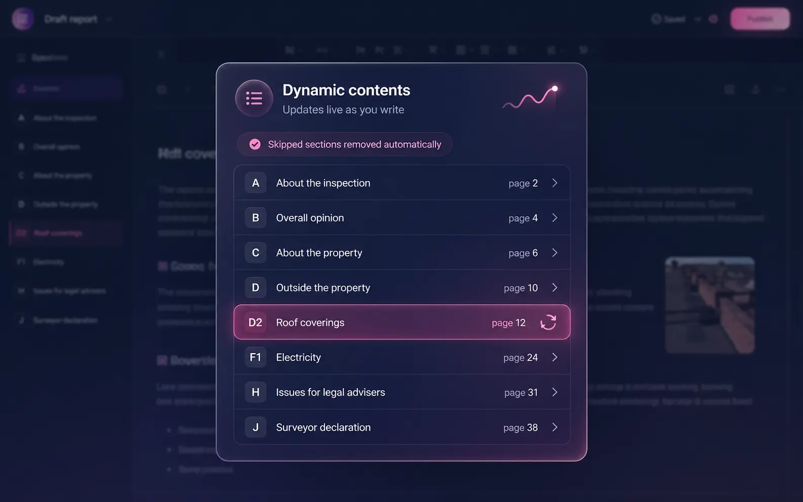 Dynamic contents builder — table of contents updating live with section page numbers, 'Skipped sections removed automatically' badge