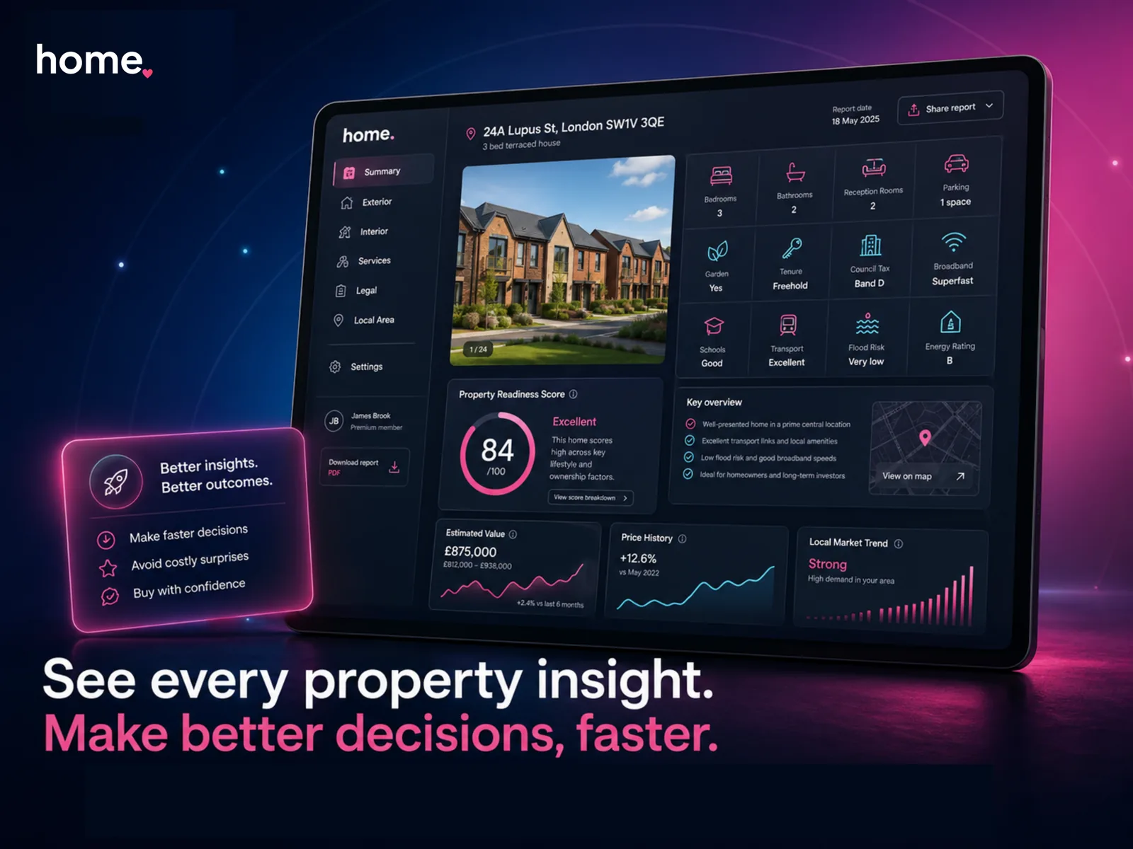 The Home.co.uk surveyor platform — unified view of property intelligence, AI report writing, comparables, dictation and image AI in a single workspace