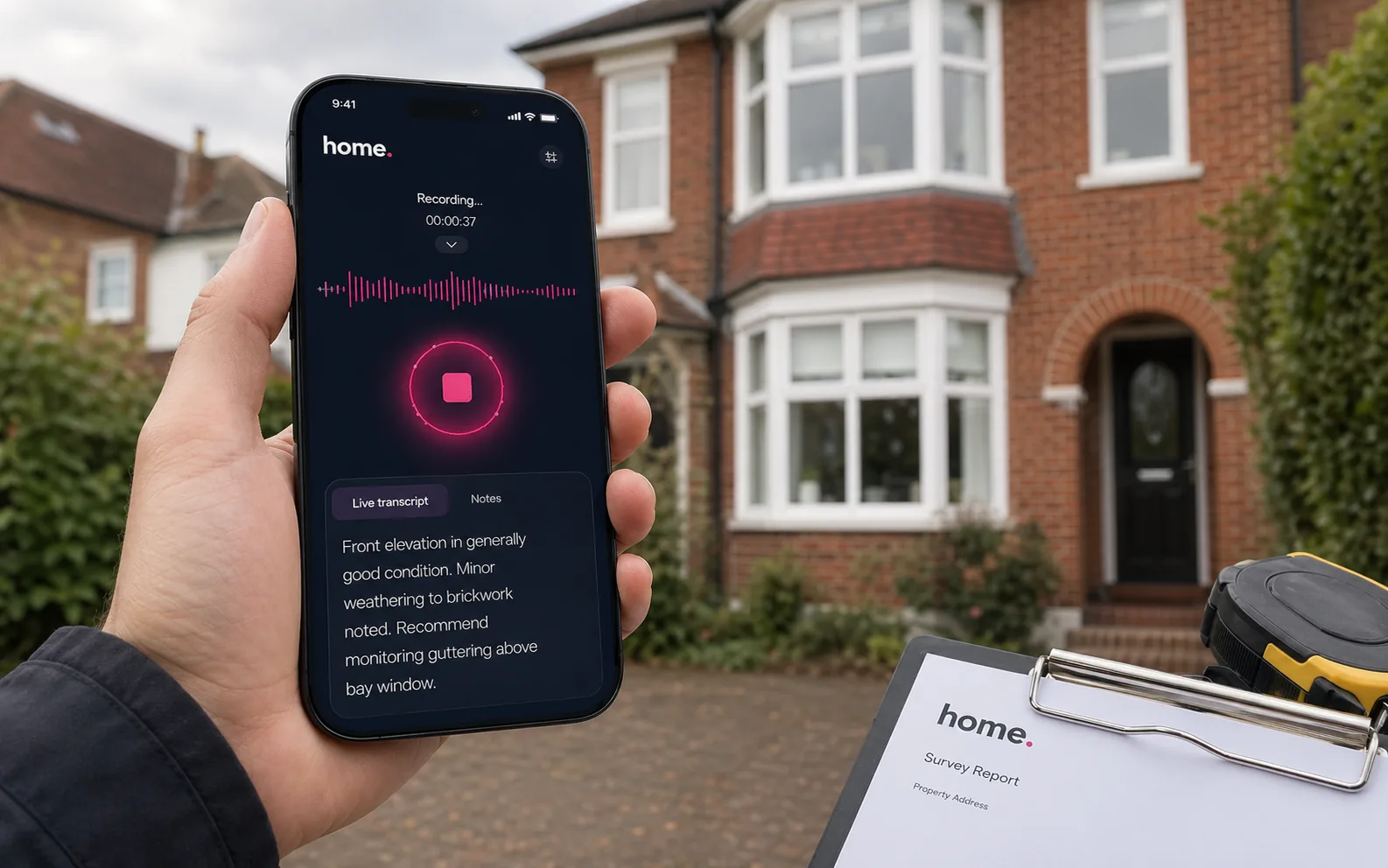 Surveyor dictating into a phone in front of the property — live transcript on screen
