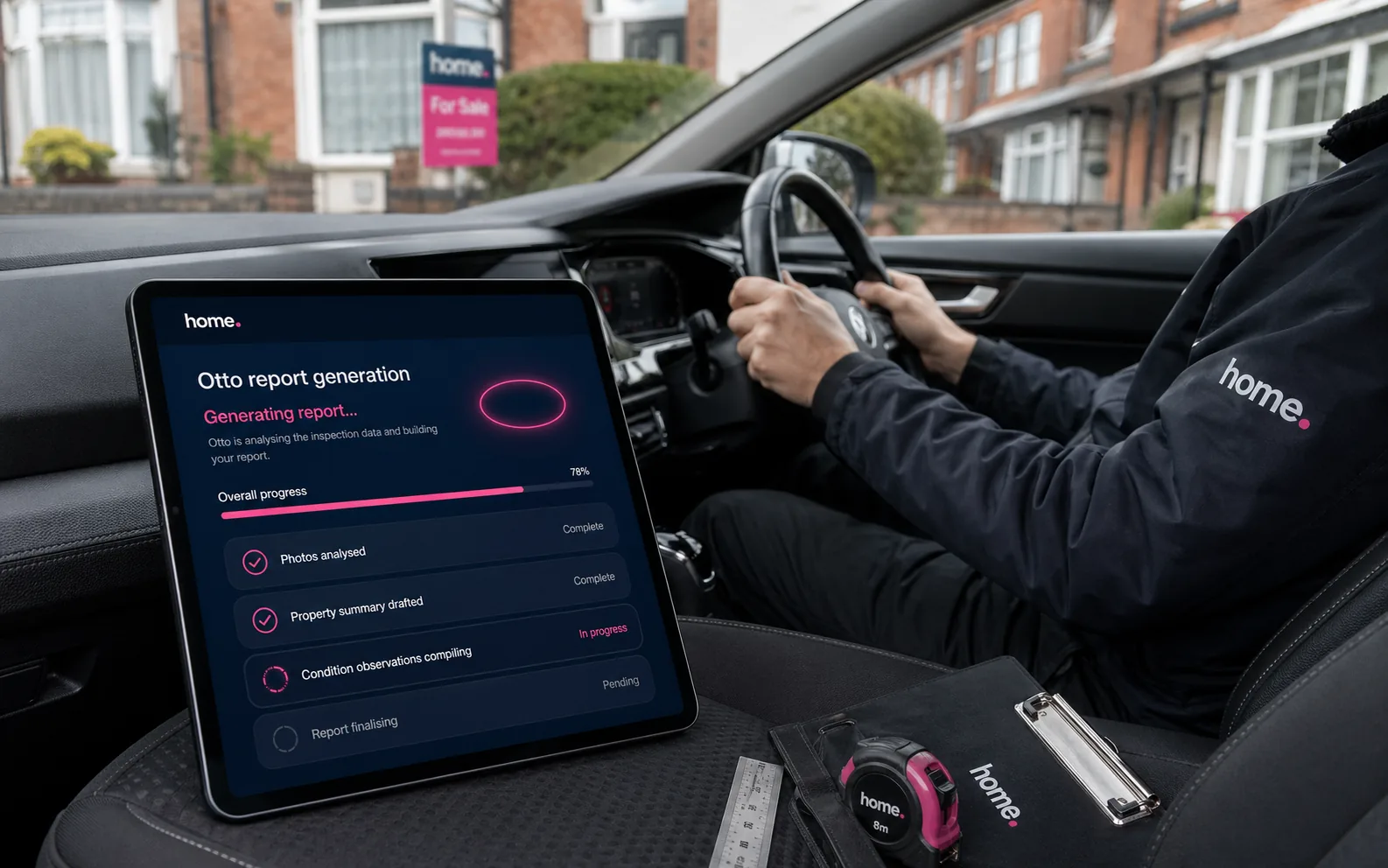 Tablet on a car dashboard showing Otto generating the report while the surveyor drives away