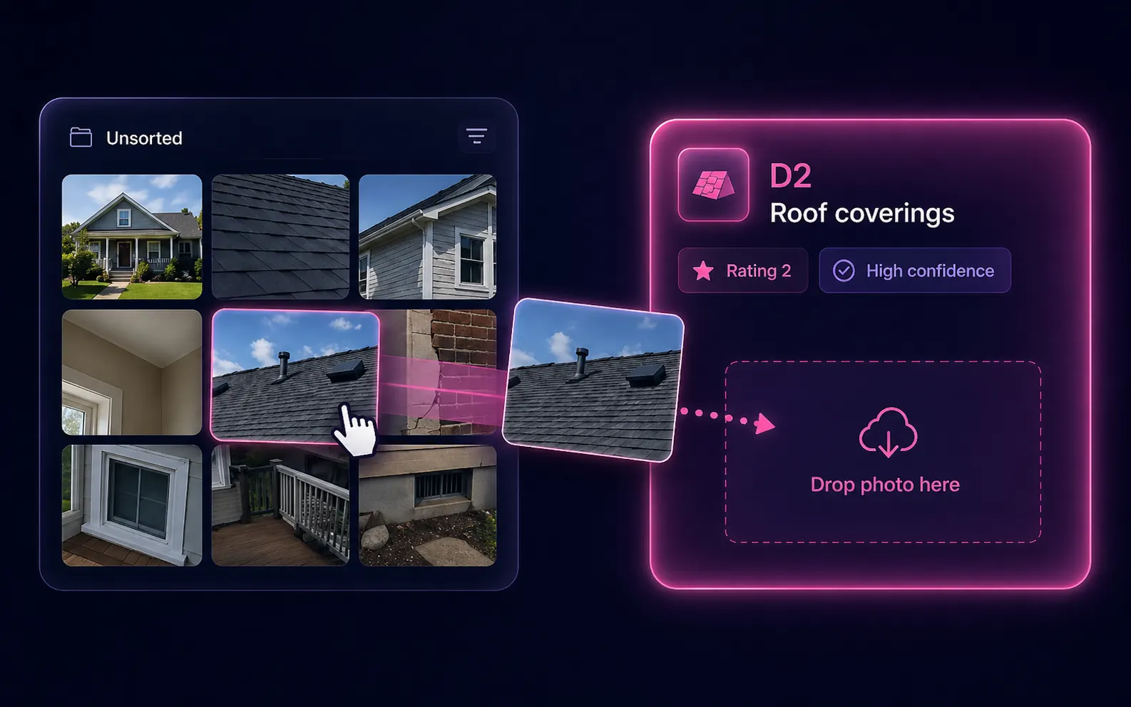 Surveyor dragging a roof photo from the Unsorted gallery into the D2 Roof coverings drop zone — Rating 2, high confidence target card highlighted in pink