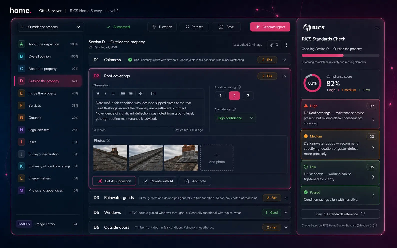 RICS Standards Check sidebar inside the editable Level 2 report — 82% compliance score with severity-graded findings linking directly to D2 Roof coverings, D3 Rainwater goods and D5 Windows