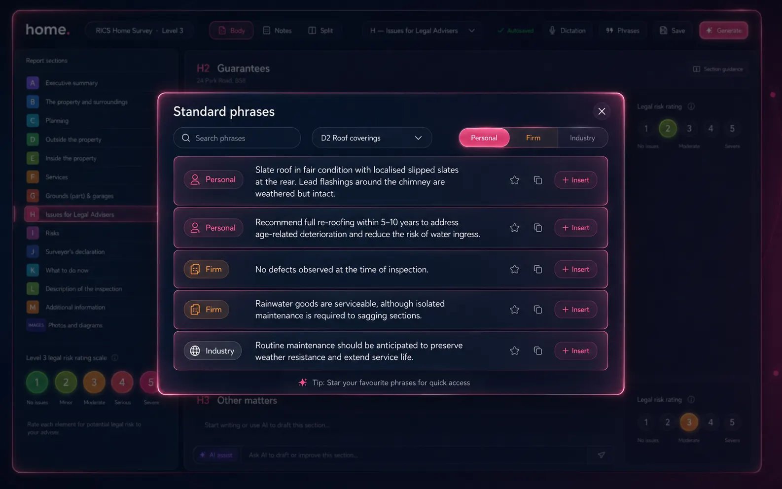 Standard Phrases panel inside the RICS Level 2 editor — D2 Roof coverings filter active, showing personal, firm and industry-tier phrases with one-click insert buttons